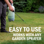 Person spraying lawn with garden sprayer. Easy to use, works with any garden sprayer.