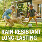 Two children and a Golden Retriever playing soccer on a lush green lawn. The text 